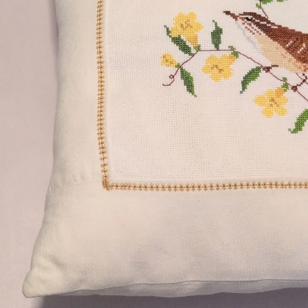 Handmade Cross Stitch Bird and Floral Accent Throw Pillow Vintage